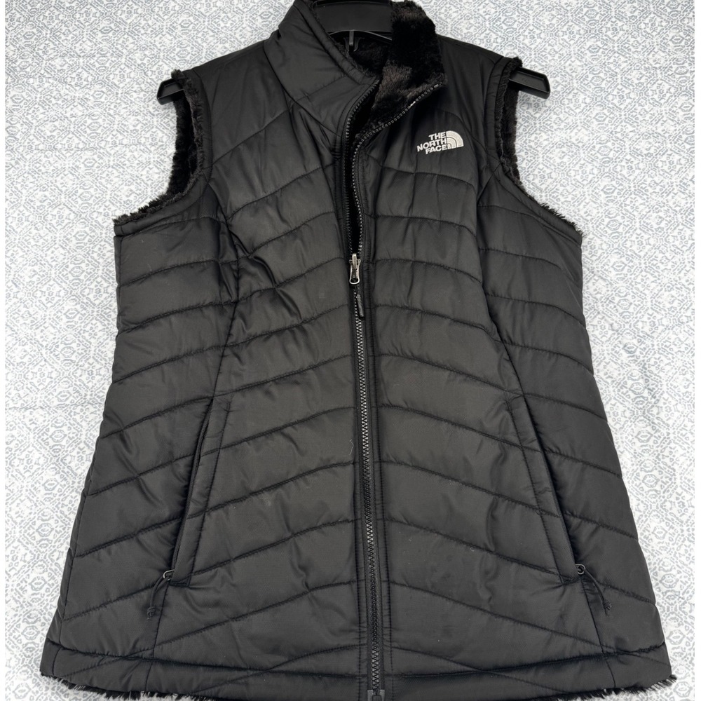 The North Face Women's M Reversible Black Puffer Faux Fur Vest Quilted
